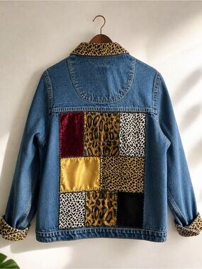 Vintage Patchwork Denim Jacket Leopard Print Back Panel Statement Coat